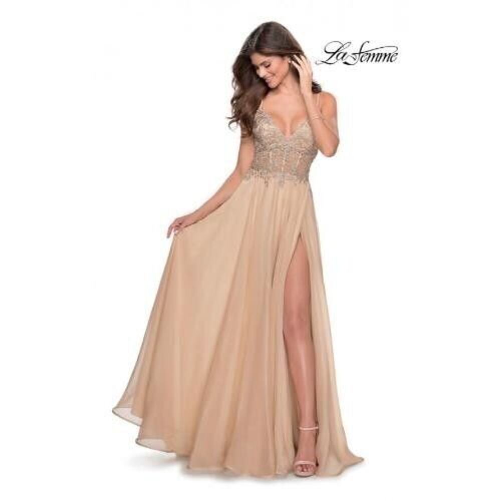 La Femme Formal Ball Gown Dress Women's 8 Beige Lace Tulle Spaghetti Straps A02